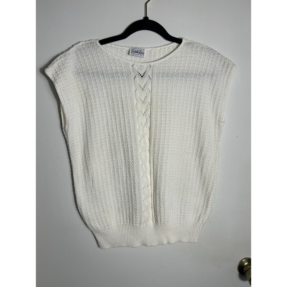 Vintage Cuddle Knit White Pointelle Cable‎ Knit Sweater Vest Top Made in USA L